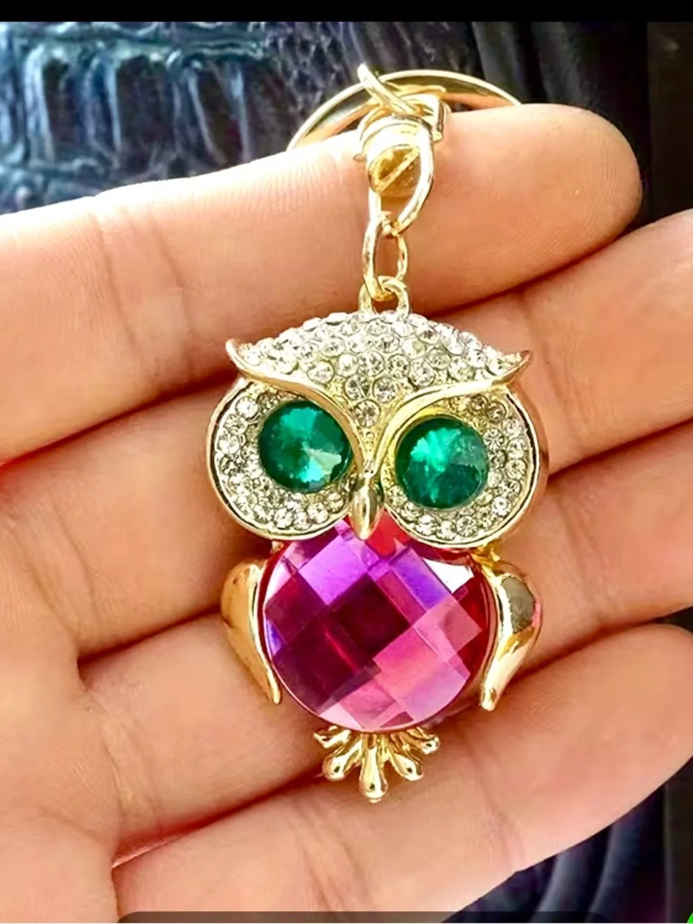 Crystal Owl Keychain with Pink Gem and Green Eyes gold tone bag charm NEW - Picture 3 of 5